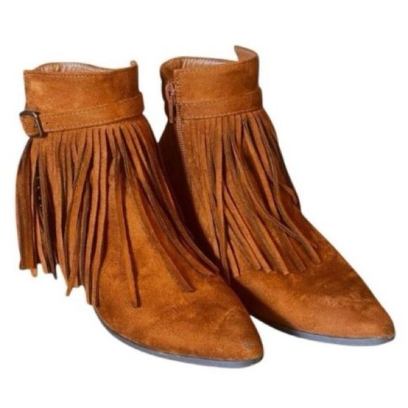 C Label Chestnut Brown Suede Fringe Zip Ankle Boot Women’s Size 6.5 - Picture 1 of 7